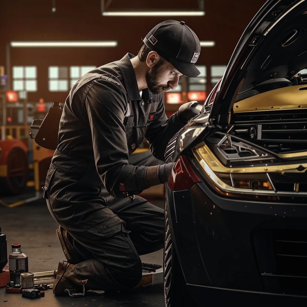 Technicien travaillant sur une voiture de luxe